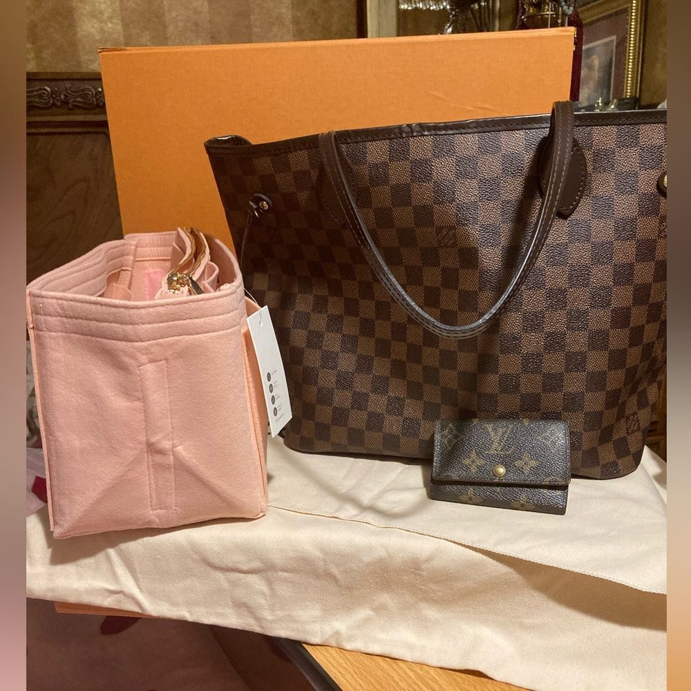 Louis Vuitton Damier Ebene Neverfull MM with Ballerina Pink Interior with EXTRAS